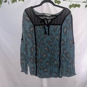 Style & Co. Teal Paisley Tie-Neck Tunic with Black Trim